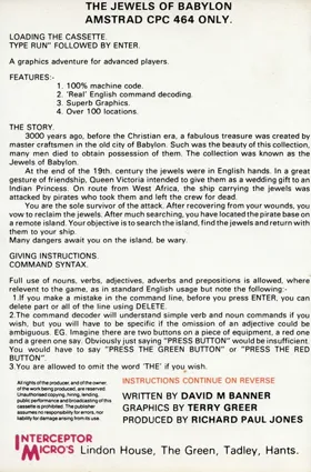 Jewels Of Babylon (UK) (1984) box cover back